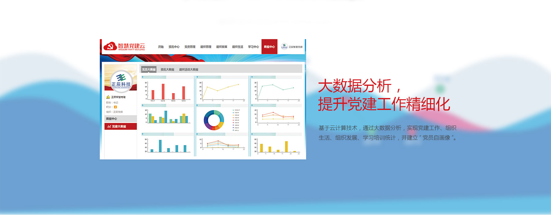 大数据分析，提升刚健工作精细化管理，从党员、组织、活动、教育、交流互动等多维度进行分析，生成党员信息统计、组织信息统计、党员服务统计、党员学习统计等多种统计报表，结合报表数据指导党建工作创新发展；党员信息统计、组织信息统计、组织生活统计、党员学习统计、党员服务统计、党费情况统计